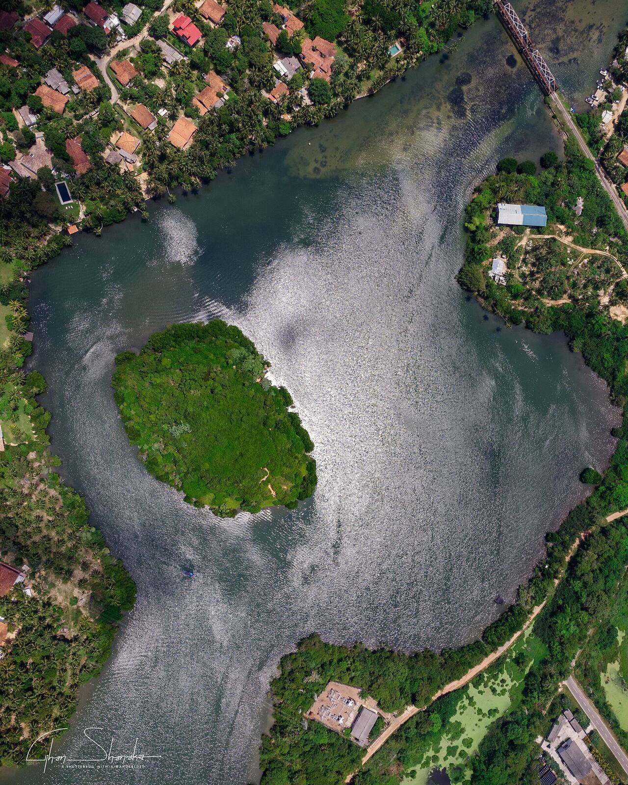 Aerial view of Madol Duwa island in Koggala Lake